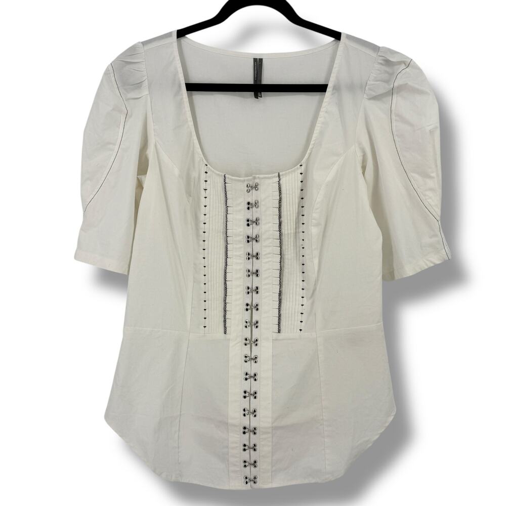 Anthropologie Corset Style Hook & Eye Closure Puff Sleeve Blouse Womens Sz Large